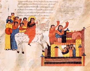 Kong Davids indtog i Jerusalem til trompetlyd, fra Sankt Isidors visigotisk-mozarabiske bibel, fol. 135r., 960 e.Kr.