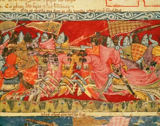 Fol.110r Kamp mellem grækere og trojanske heste, fra Codex Benito Santa Mora