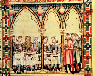 Fol.16v Engagement Banket, fra manuskriptet lavet under ledelse af Alfonso X The Wise King of Castille and Leon