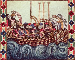 Fol.53r Departure of a Boat for the Crusades, skrevet på galacisk for Alfonso X (1221-84)
