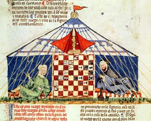 Fol.62v To arabere, der spiller skak i et telt, fra bogen om spil, skak, terninger og brædder, 1282