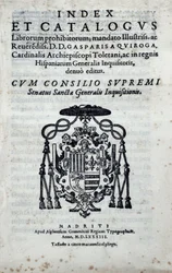 Frontispice af "Index and catalogus librorum prohibitorum", indeks, der rapporterer de bøger, der er forbudt af General Inquisition i Spanien udgivet af Gaspar de Quiroga (1499-1593)