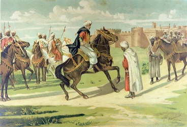 General Muza Ibn Nusayr pisker sin stedfortræder Tarik for ikke at adlyde hans ordrer under erobringen af Andalusien og Extremadura (farvelitografi)