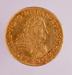 Guldmønt (8 ecu) fra Spanien: Filips (Filippo eller Philippe) V (1700-1746) regeringstid. 1739 Diam. 3,6 cm Napoli, museo archeologico
