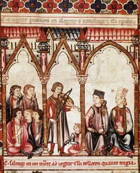 Gruppe af trubadurer, illustration fra “” Cantigas de Santa Maria”””, lavet under ledelse af Alfonso X (“Den vise”) konge af Castilien og Leon (1221-84) - Kongens hof og musikerne. miniature fra et manuskript af Sangen Marias sang (Cantig
