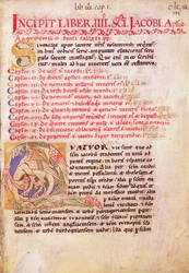 Historieret initial »Q« med tre drager, første side i pilgrimsguiden til Sankt Jakob af Compostela, fra »Codex Calixtinus«