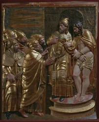 Jesus foran Kajfas, detalje af en renæssancealtertavle (malet og forgyldt træ)