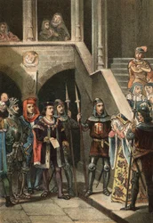Leonor de Guzman favorit af kong Alfonso XI stoppet og henrettet af Don Alfonso Fernandez de Olmedo, under ordre af dronning Mary af Portugal, i det 14. århundrede. i "" Skønhedskulturen"" af Juan Justo Huguet, Molinas Hermanos redaktører