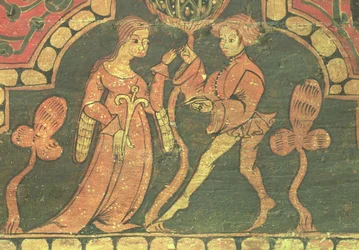Kærlighedsscene, detalje af paneler fra Penafiel-slottet, Valladolid, værksted for Claustro de Silos (olie på panel)