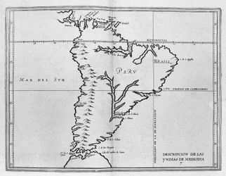 Kort over Meridionale America (Sydamerika eller Latinamerika) fra et spansk bind af rejser fra begyndelsen af det 17. århundrede. Stillehavet kaldes Sydhavet og landene i Peru og Brasilien er navngivet samt ækvatorlinjen og