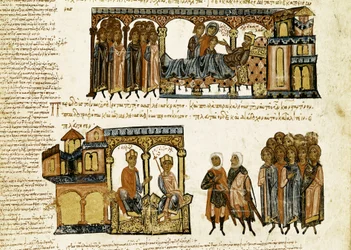 Miniature fra "Synopsis historiarum" eller "Byzantine Chronicles" (Historier om de byzantinske konger og begivenheder fra 811 til 1057) af John (Johannes eller John) Scylitza (eller Skylitzes eller Scylitzae) (11.-12. århundrede)