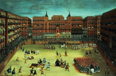 Panorama af en fiesta på Plaza Mayor i Madrid