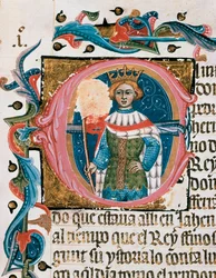 Portræt af konge i en brevkasse. Miniature fra manuskriptet Chronicle of Conquerors