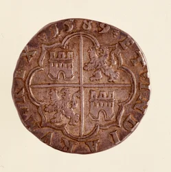 Sølvmønt (8 realer) fra Spanien: Filips (Filippo eller Philippe) II