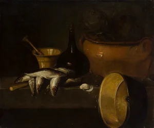 Stilleben med fisk og artiskokker (olie på lærred)