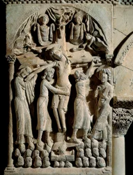 Nedstigningen fra korset, Mester af Saint Dominic af Silos (1100-tallet). Relief på sten