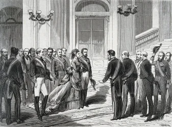 Kongen af Spanien Amedee I (Amedeo Ferdinando Maria di Savoia) (1845-1890) og hans hustru Queen Mary Victory dal Pozzo della Cisterna (1847-1876) ved deres ankomst til det kongelige palads i Madrid den 19/03/1871. Gravering fra ""La Ilustracion Espanola y 