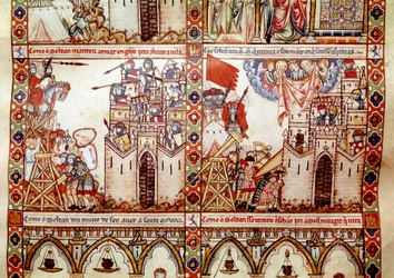 Saracenerne belejrede en kristen by. Detalje fra én side taget fra et manuskript af Sangen om Sankt Maria (Cantigas de Santa Maria), udsmykning af miniaturer dedikeret til Sankt Maria og hendes mirakler, en samling af sange genopbygget under Alfons rege