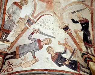 Månedernes cyklus: massakren på de uskyldige. Detalje af en fresko fra det 12. århundrede fra Det Kongelige Pantheon i Real Colegiata de San Isidoro (Sankt Isidors Kongelige Kollegiatkirke). León. Spanien
