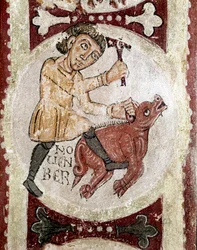 Månedernes cyklus: November (slagtet svin). Detalje af en fresko fra det 12. århundrede fra Royal Pantheon of the Real Colegiata of San Isidoro (Royal Collegiale of Saint Isidore). Leon. Spanien