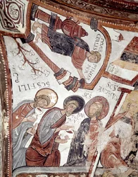 Månedernes cyklus: en tjener tilbyder en drink til apostlene (Saint Andre, Saint Barthelemy og Saint Philip). Detalje af en fresko fra det 12. århundrede fra Royal Pantheon of the Real Colegiata of San Isidoro (Royal Collegiale of Saint Isidore). Leon. Spa