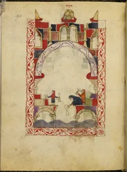 Tre kvinder nedsænker kar i et bassin. Illumineret manuskript af en hispano-maurisk Haggadah, ca.1300, Spanien, Or. 2737, fol. 90