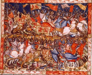 Trojansk krig: Hectors bedrifter. Detalje af en miniature fra det spanske manuskript "Codex Benito de Santa Mora""