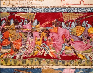 Trojanske krig: kamp mellem grækerne og trojanerne. Detalje af en miniature fra det spanske manuskript "Codex Benito de Santa Mora""