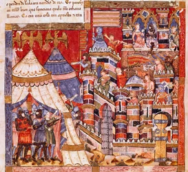 Trojanske krig: byen Troja og den græske lejr. Detalje af en miniature fra det spanske manuskript "Codex Benito de Santa Mora""
