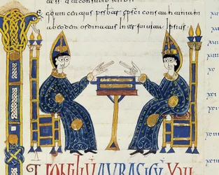 To katolske biskopper sidder foran et manuskript, miniature fra Glosas Emilianenses, 992-994 (belyst manuskript)