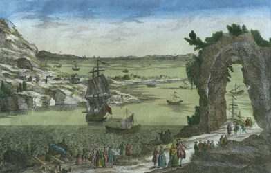 Udsigt over den franske landgang for at etablere den nye koloni i havnen i New Cayenne, Fransk Guyana, 1762