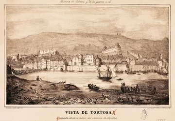 Udsigt over byen Tortosa i Spanien, i "History of Cabrera and the Civil War" af Damaso Calbo og Rochina de Castro