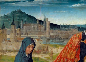 Pieten af Saint Germain des Pres (Saint-Germain-des-Pres). Detalje, der forestiller Louvre under Charles V. Maleri af Mesteren af Saint Germain des Pres (aktivt omkring 1500). Svag. 0,97x1,98 m.