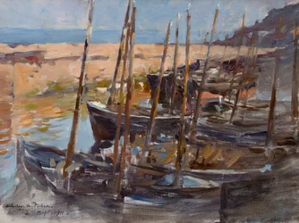 En skitse, Mousehole Harbour, Cornwall (olie på lærred)