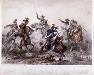 Heroisk hændelse under den piemontesiske kampagne under den italienske uafhængighedskrig i 1848 (farve litho)