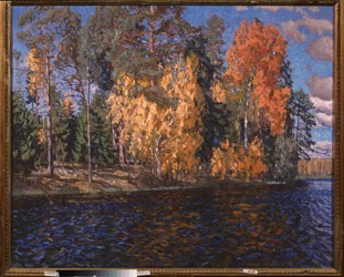 Blåt vand. Gyldent efterår. Maleri af Stanislav Yulianovich Zhukovsky (Zhukovsky) (1873-1944), olie på lærred