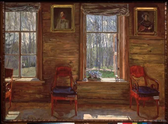 Glædelig maj. (Udsigt over en solrig skov, gennem vinduerne i et landsted, dekoreret med malede portrætter og gardiner). Maleri af Stanislav Yulianovich Zhukovsky (Zhukovsky) (1873-1944), olie på lærred