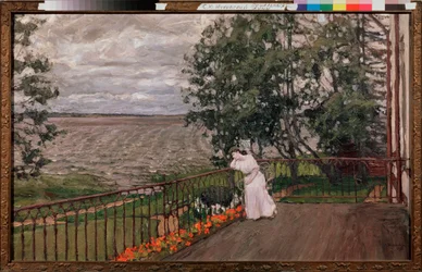 Mørke tanker. (Kvinde alene, lænet på hegnet til en terrasse, foran en pløjemark). Maleri af Stanislav Yulianovich Zhukovsky (Zhukovsky) (1873-1944), olie på lærred