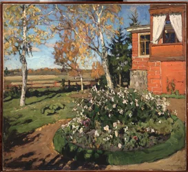 Et blomsterbed. (Foran et hus og et landskab). Maleri af Stanislav Yulianovich Zhukovsky (Zhukovsky) (1873-1944), olie på lærred