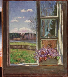 Violer foran vinduet. Maleri af Stanislav Yulianovich Zhukovsky (Zhukovsky) (1873-1944), olie på lærred 1931. Russisk kunst, 20. århundrede, moderne kunst. Statens kunstmuseum, Dnepropetrovsk (Ukraine).