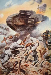 Britisk kampvogn i aktion mod tyskere på vestfronten i WWI