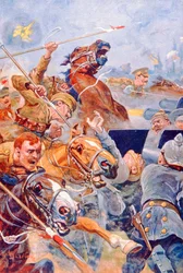 Angrebet af den 9. Lancer under tilbagetoget fra Mons (farve litho)