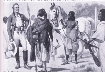 En rebellers gave til opdagelsesrejsende for ydede tjenester, illustration fra Cassells Romance of Famous Lives, ca. 1940