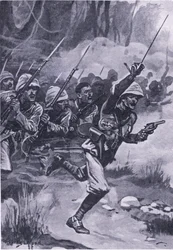 Briter angreb Ashantis ved Amoaful, 31. januar 1874, illustration fra British Battles on Land and Sea, 1915