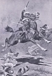 The 9th Lancers at Delhi, 1857, illustration fra British Battles on Land and Sea, 1915