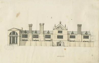 Blithfield Hall: tonet pentegning og [1700-tallet] (tegning)
