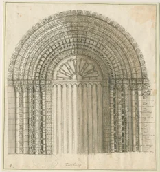 Tutbury Priory Church - Arch in West Door: pen og sepia tegning, nd [1762-1802] (tryk)