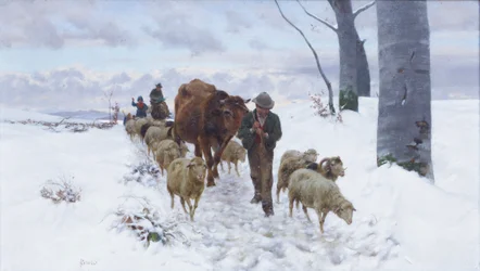 På vej tilbage fra markedet efter snefald, før 1877 (olie på lærred)