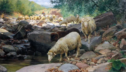 Flokvanding ved Restano-strømmen, maleri af Stefano Bruzzi (1835-1911), Italien