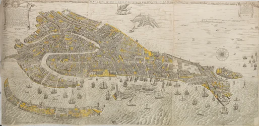 Sand og ægte tegning af byen Venezia. Panorama over Venedig, 1676.